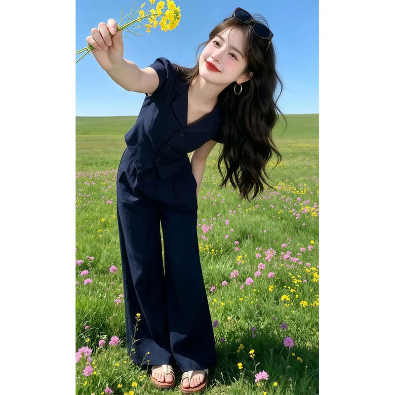 향기로운 듀오 단색 다용도 세련된 반팔 셔츠 2026 여름 새로운 여성 의류 와이드 레그 팬츠 투피스 세트 상세 이미지 5