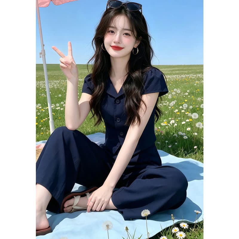 향기로운 듀오 단색 다용도 세련된 반팔 셔츠 2026 여름 새로운 여성 의류 와이드 레그 팬츠 투피스 세트 상세 이미지 6