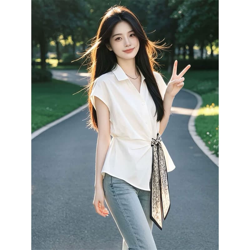 향기로운 듀오 출퇴근 바람 레이스업 허리 수축 셔츠 여성 작은 키 여름 새로운 다용도 작은 대중 반팔 셔츠 상세 이미지 2