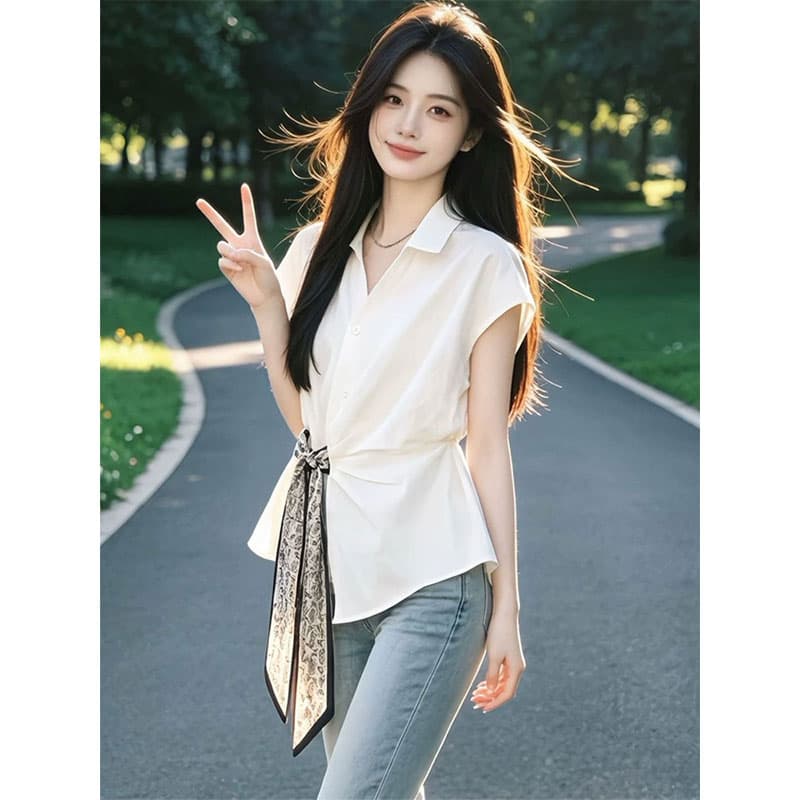 향기로운 듀오 출퇴근 바람 레이스업 허리 수축 셔츠 여성 작은 키 여름 새로운 다용도 작은 대중 반팔 셔츠 상세 이미지 6