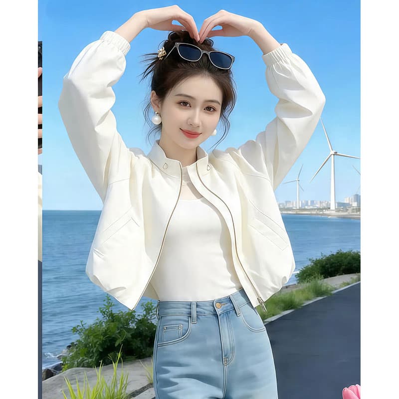향기로운 듀오 한 부서 품격 출퇴근 바람 자외선 차단 의류 2026 여름 새로운 스탠드 칼라 얇은 스타일 재킷 이미지 5