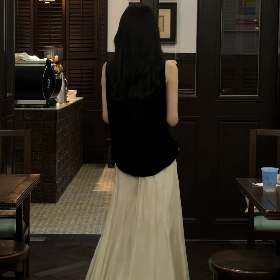 여름 섹션 새로운 스탠드 칼라 배색 측면 조끼 맨위 고급 디자인 센스 허리밴드 플리츠 반신 스커트 패션 세트 상세 이미지 3