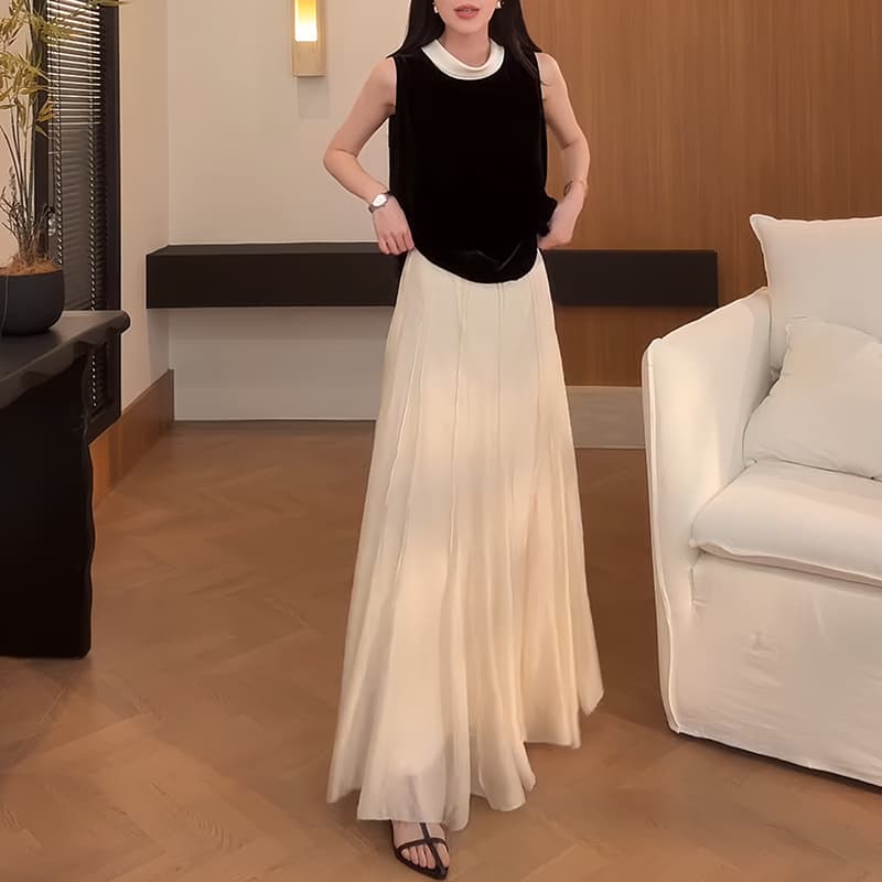 여름 섹션 새로운 스탠드 칼라 배색 측면 조끼 맨위 고급 디자인 센스 허리밴드 플리츠 반신 스커트 패션 세트 상세 이미지 4