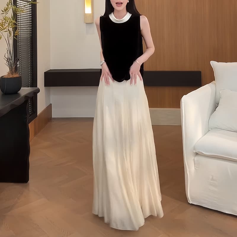 여름 섹션 새로운 스탠드 칼라 배색 측면 조끼 맨위 고급 디자인 센스 허리밴드 플리츠 반신 스커트 패션 세트 상세 이미지 5
