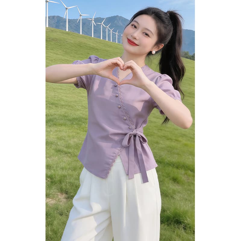 향기로운 듀오 외국 가스 연령 감소 스트랩 허리 수축 V넥 반팔 여성 셔츠 여름 연령 감소 다용도 작은 셔츠 상세 이미지 2