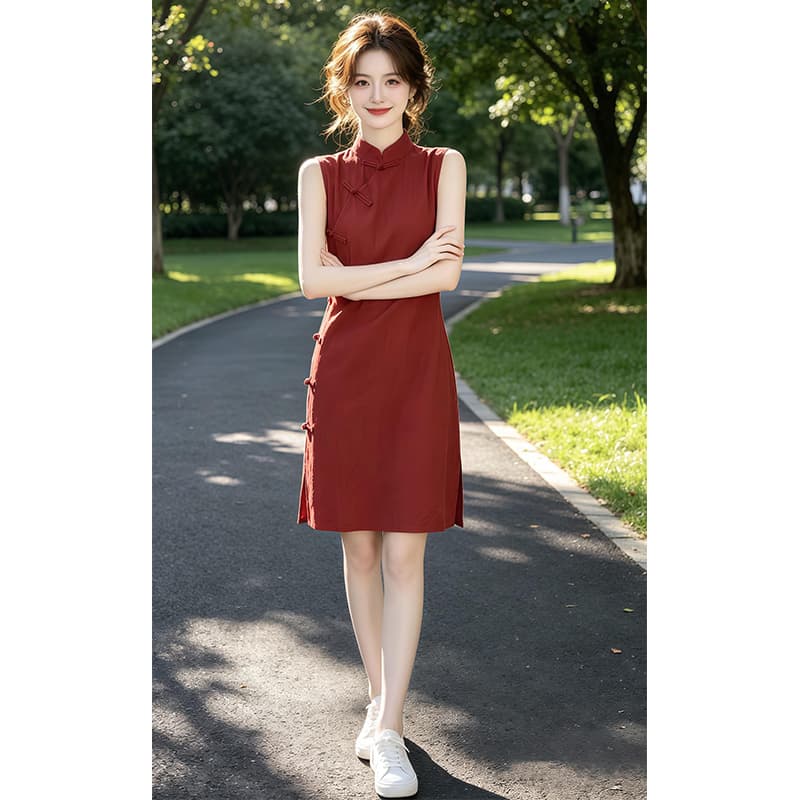 향기로운 듀오 새로운 중식 국풍 개선 치파오 민소매 여성 드레스 여름 작은 대중 단추 조끼 치마 상세 이미지 3