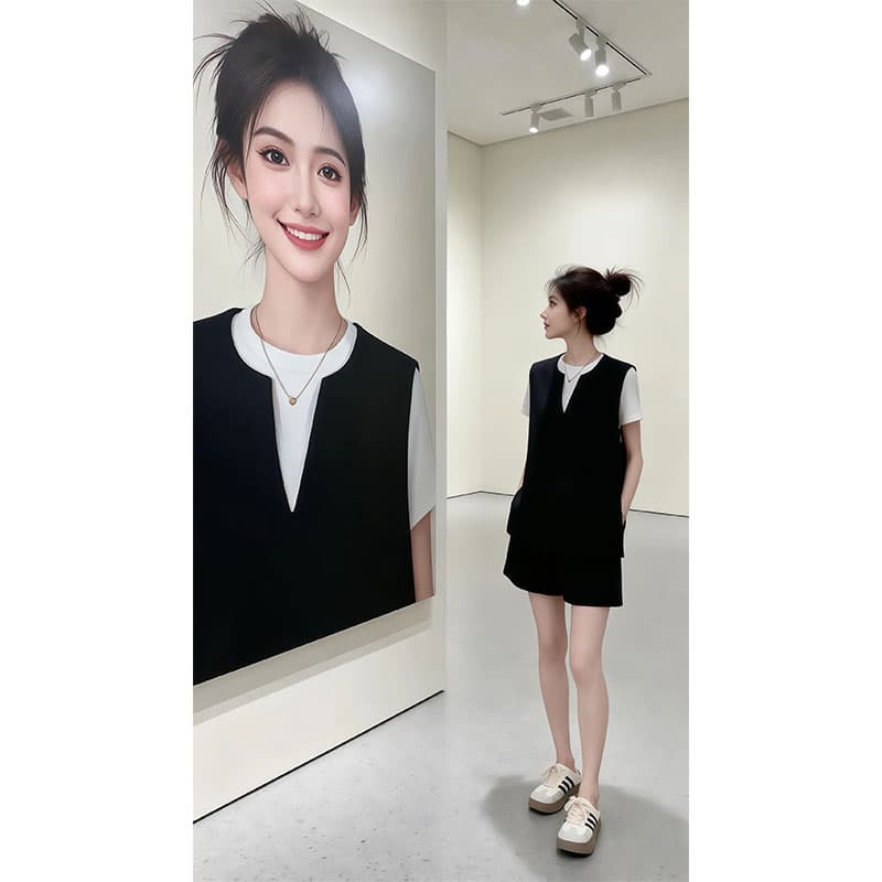 향기로운 듀오 고급 센스 품격 민소매 베스트 2026 여름 새로운 여성 의류 캐주얼 반바지 투피스 세트 이미지 2