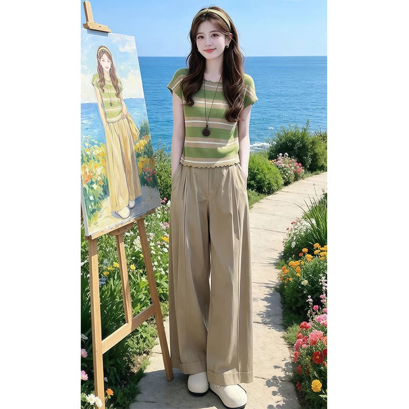 향기로운 듀오 느긋한 바람 스트라이프 배색 니트 스웨터 2026 여름 새로운 여성 의류 와이드 레그 팬츠 투피스 세트 이미지 3