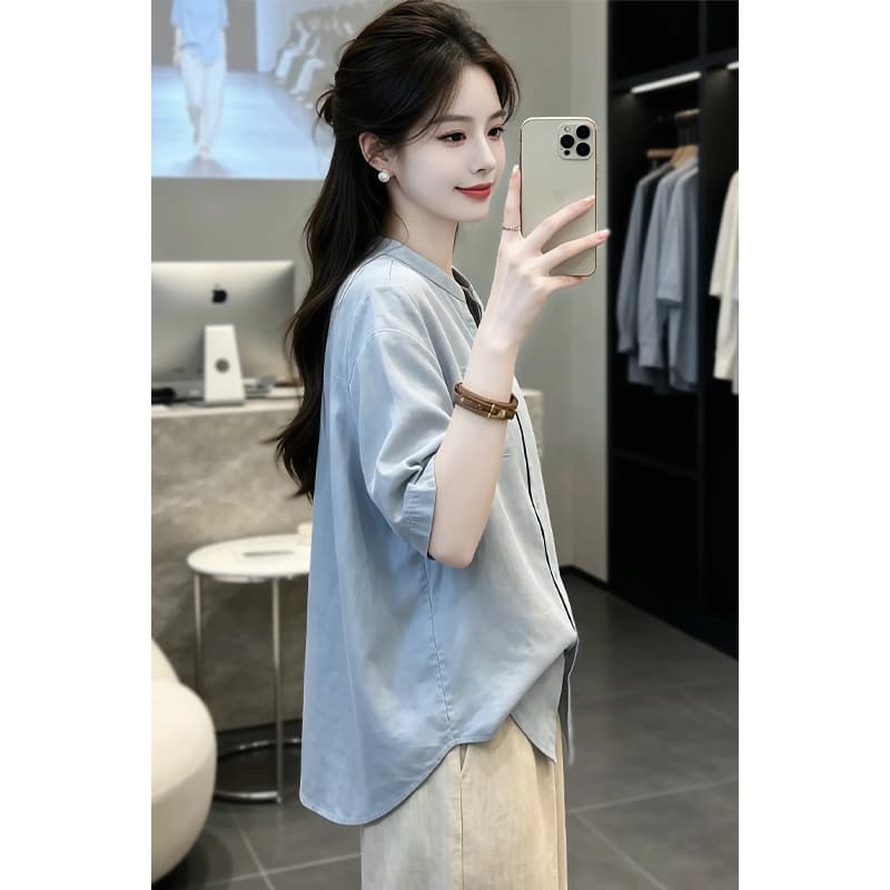 반팔 셔츠 여성 얇은 스타일 2026 여름 새로운 고급 여름 드레스 외국 가스 패션 맨위 상세 이미지 3