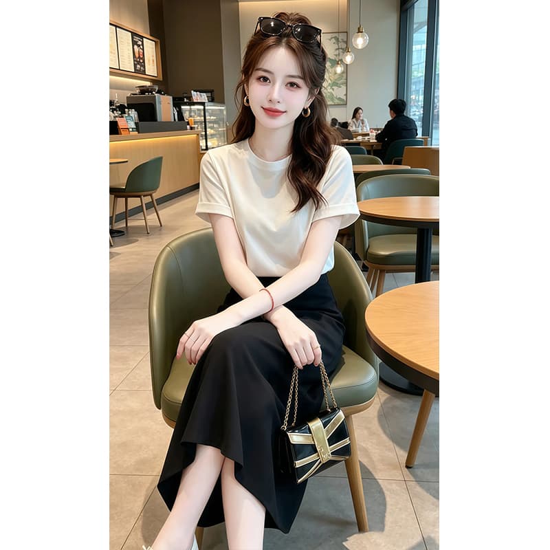 향기로운 듀오 여름 부드러운 바람 반팔 맨위 반신 치마 세트 고급 센스 슬림해 보이는 투피스 세트 상세 이미지 5