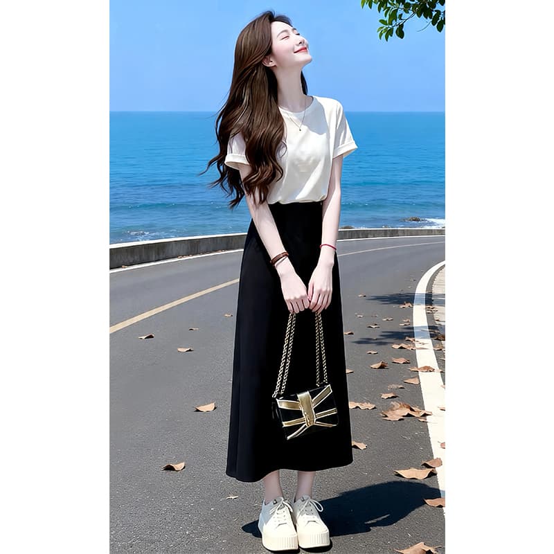 향기로운 듀오 여름 부드러운 바람 반팔 맨위 반신 치마 세트 고급 센스 슬림해 보이는 투피스 세트