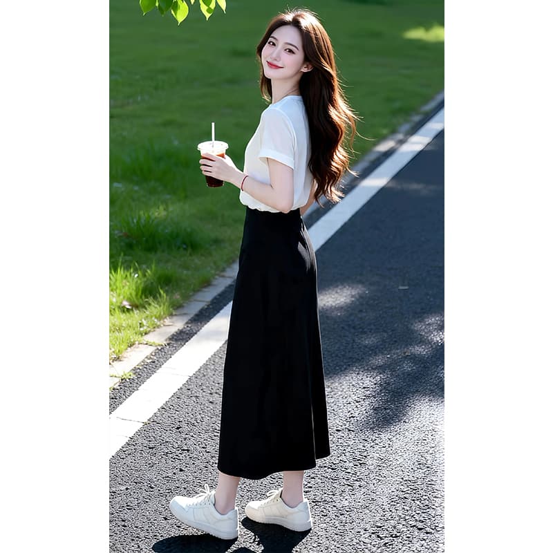 향기로운 듀오 여름 부드러운 바람 반팔 맨위 반신 치마 세트 고급 센스 슬림해 보이는 투피스 세트 이미지 2