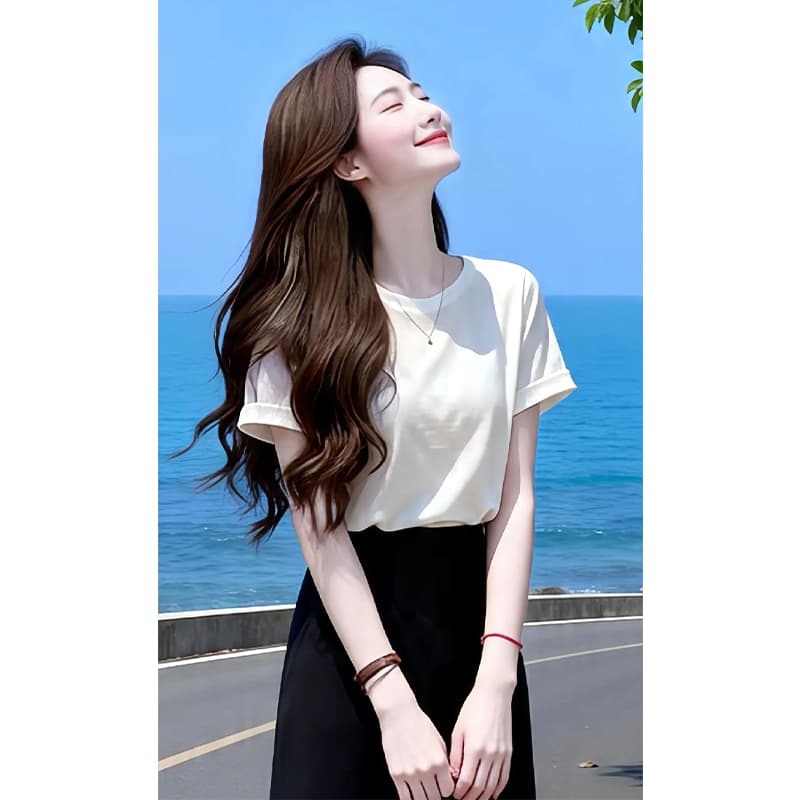 향기로운 듀오 여름 부드러운 바람 반팔 맨위 반신 치마 세트 고급 센스 슬림해 보이는 투피스 세트 상세 이미지 4