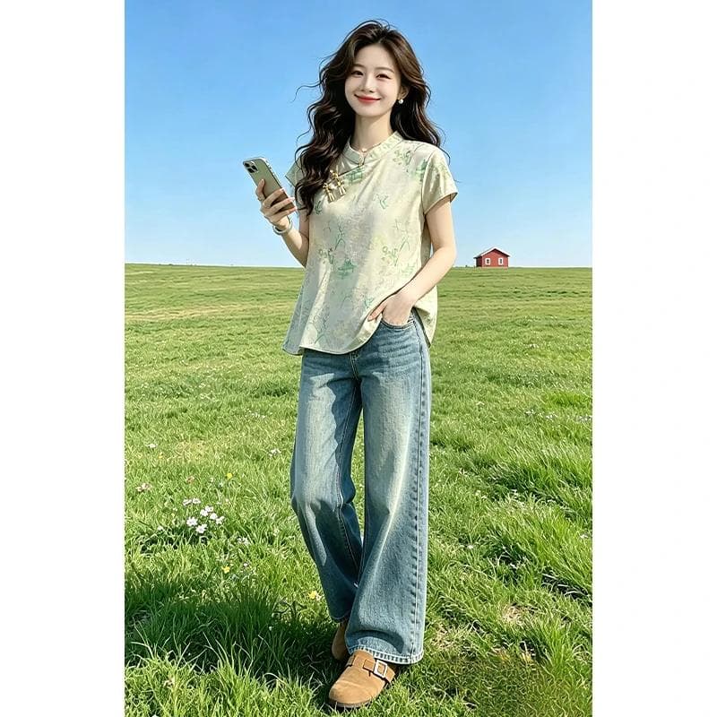 향기로운 듀오 새로운 중식 국풍 레트로 반팔 여성 셔츠 여름 고급 센스 품격 다용도 맨위 이미지 3