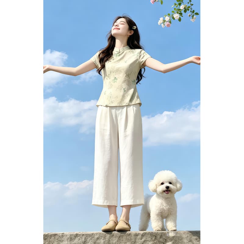 향기로운 듀오 새로운 중식 국풍 레트로 반팔 여성 셔츠 여름 고급 센스 품격 다용도 맨위 이미지 3