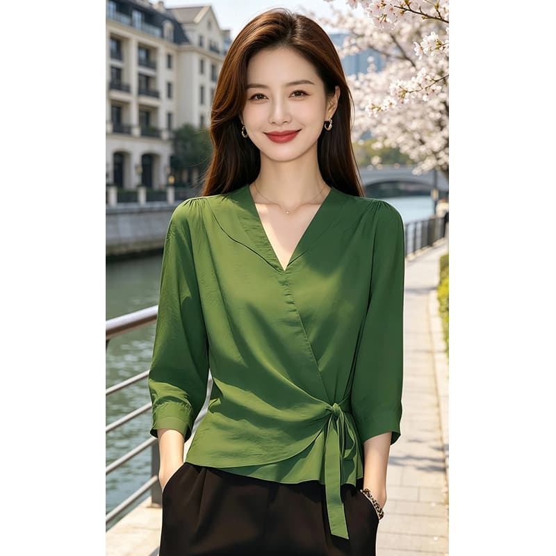 향기로운 듀오 고급 작은 대중 V넥 여성 셔츠 레이스업 출퇴근 맨위 슈퍼 잘 생긴 2026 여름 새로운 여성 의류 이미지 3