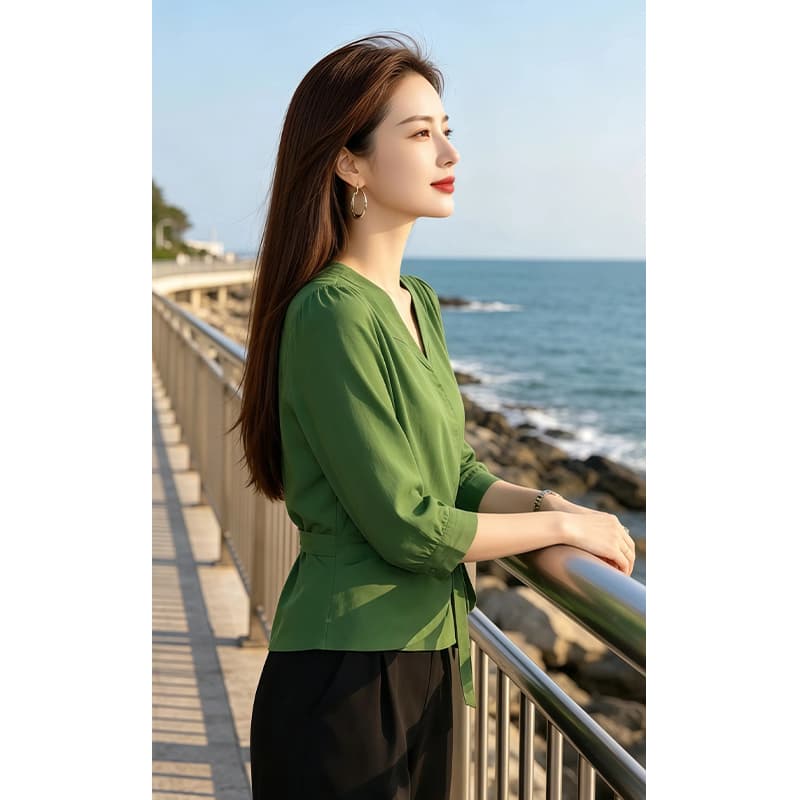 향기로운 듀오 고급 작은 대중 V넥 여성 셔츠 레이스업 출퇴근 맨위 슈퍼 잘 생긴 2026 여름 새로운 여성 의류 상세 이미지 5