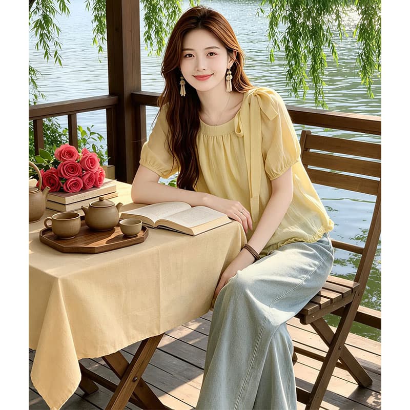 향기로운 듀오 프랑스식 프릴 슬림해 보이는 반팔 여성 셔츠 2026 여름 새로운 루즈핏 맨위 상세 이미지 5