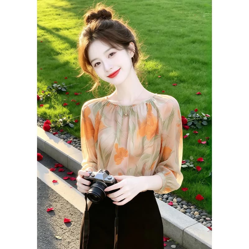 향기로운 듀오 빛 럭셔리 우아함 바람 프린트 슬림해 보이는 품격 쉬폰 셔츠 여자 외출용 7부 소매 여름 새로운 상세 이미지 3