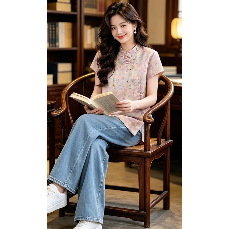 향기로운 듀오 새로운 중식 스탠드 칼라 단추 반팔 여성 셔츠 여름 빛 럭셔리 품격 연령 감소 당나라 맨위 상세 이미지 3
