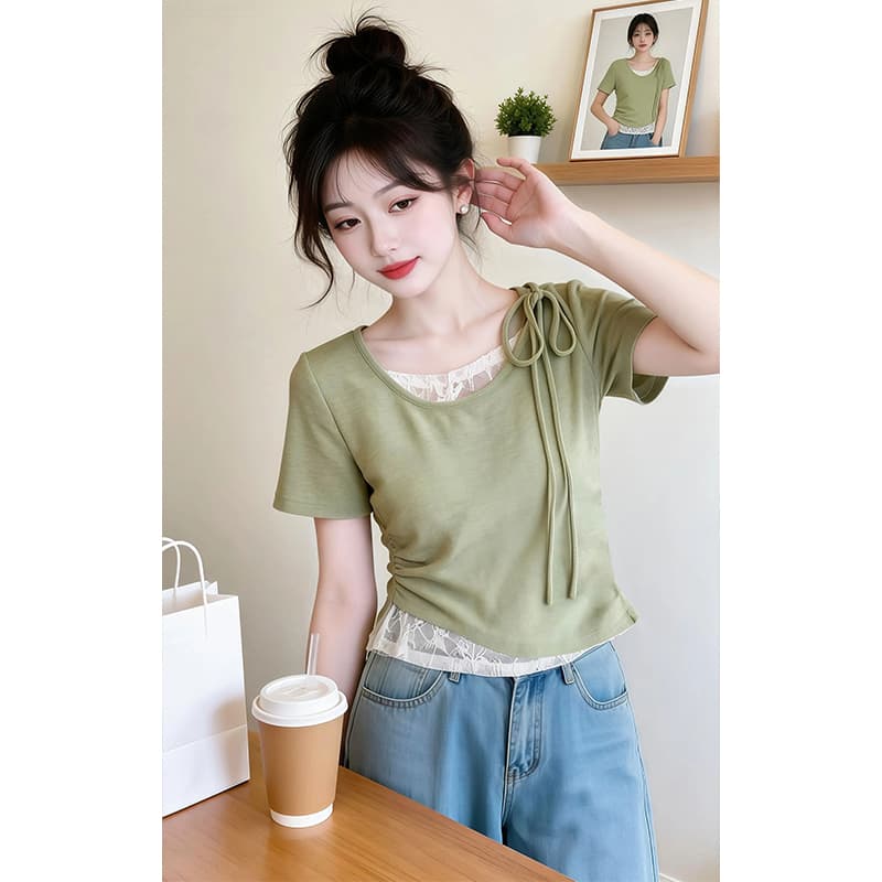 불규칙 디자인 센스 트렌드 반팔 티셔츠 여성 2026 여름 새로운 페이크 레이어드 패치워크 디스플레이 화이트 슬림해 보이는 맨위 이미지 5