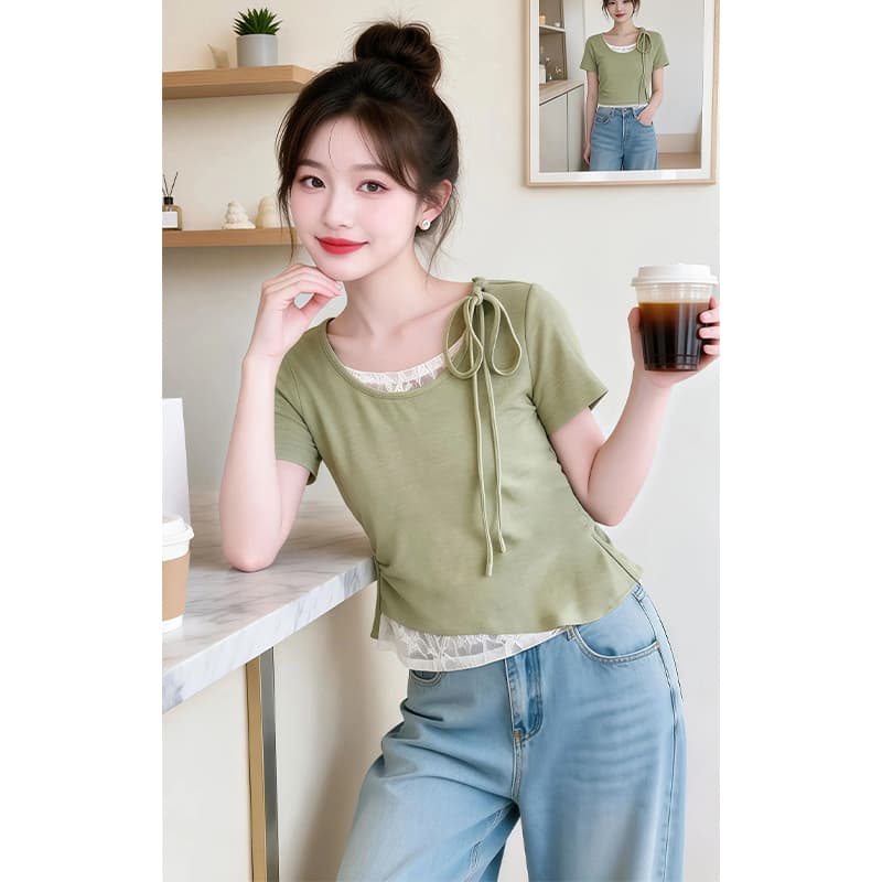 불규칙 디자인 센스 트렌드 반팔 티셔츠 여성 2026 여름 새로운 페이크 레이어드 패치워크 디스플레이 화이트 슬림해 보이는 맨위 상세 이미지 5