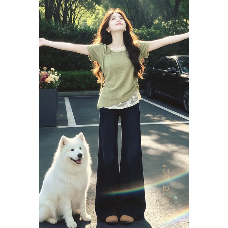 불규칙 디자인 센스 트렌드 반팔 티셔츠 여성 2026 여름 새로운 페이크 레이어드 패치워크 디스플레이 화이트 슬림해 보이는 맨위 이미지 5