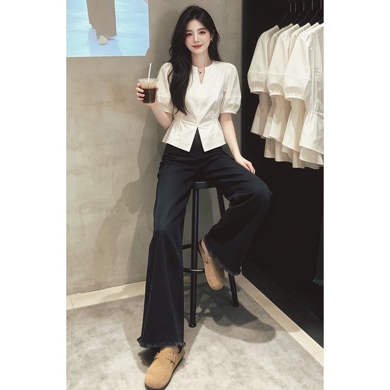여름 새로운 거품 소매 허리 수축 여성 셔츠 2026 다용도 패션 슬림해 보이는 표지 고기 디자인 센스 반팔 맨위 상세 이미지 2