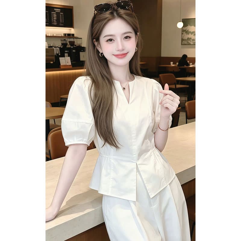 여름 새로운 거품 소매 허리 수축 여성 셔츠 2026 다용도 패션 슬림해 보이는 표지 고기 디자인 센스 반팔 맨위 이미지 5
