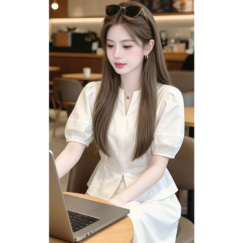 여름 새로운 거품 소매 허리 수축 여성 셔츠 2026 다용도 패션 슬림해 보이는 표지 고기 디자인 센스 반팔 맨위 이미지 3