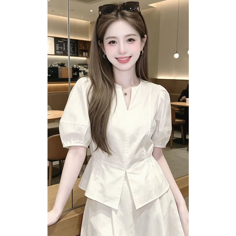 여름 새로운 거품 소매 허리 수축 여성 셔츠 2026 다용도 패션 슬림해 보이는 표지 고기 디자인 센스 반팔 맨위 상세 이미지 3