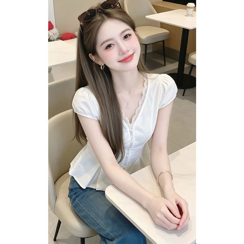 고급 센스 레이스 패치워크 여성 셔츠 2026 여름 새로운 작은 대중 외국 가스 트렌드 인터넷 유명인 디스플레이 화이트 슬림해 보이는 맨위 이미지 3