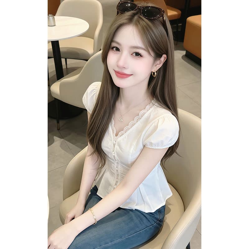 고급 센스 레이스 패치워크 여성 셔츠 2026 여름 새로운 작은 대중 외국 가스 트렌드 인터넷 유명인 디스플레이 화이트 슬림해 보이는 맨위 상세 이미지 5