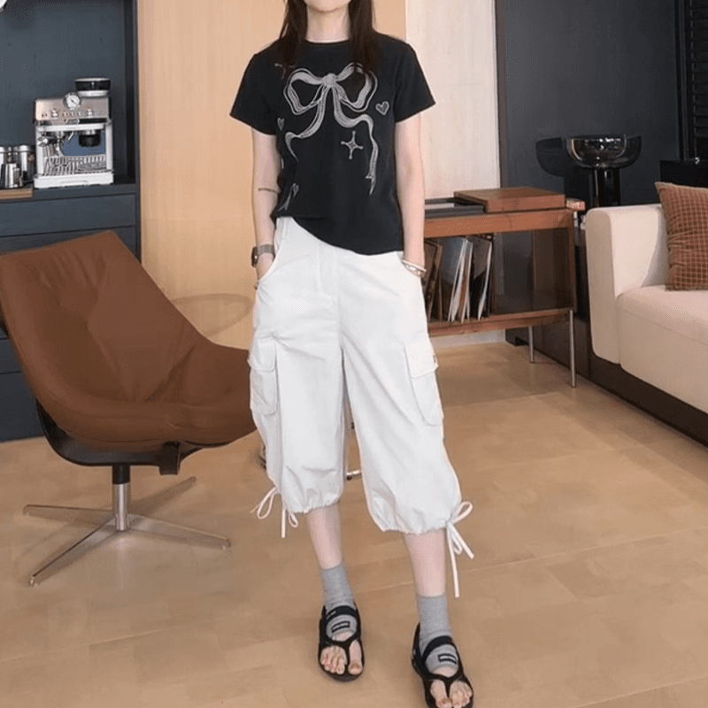 여름 새로운 패션 세트 작은 대중 디자인 센스 나비 매듭 프린트 맨위 다용도 캐주얼 바지 두 조각 여성 세트 이미지 2