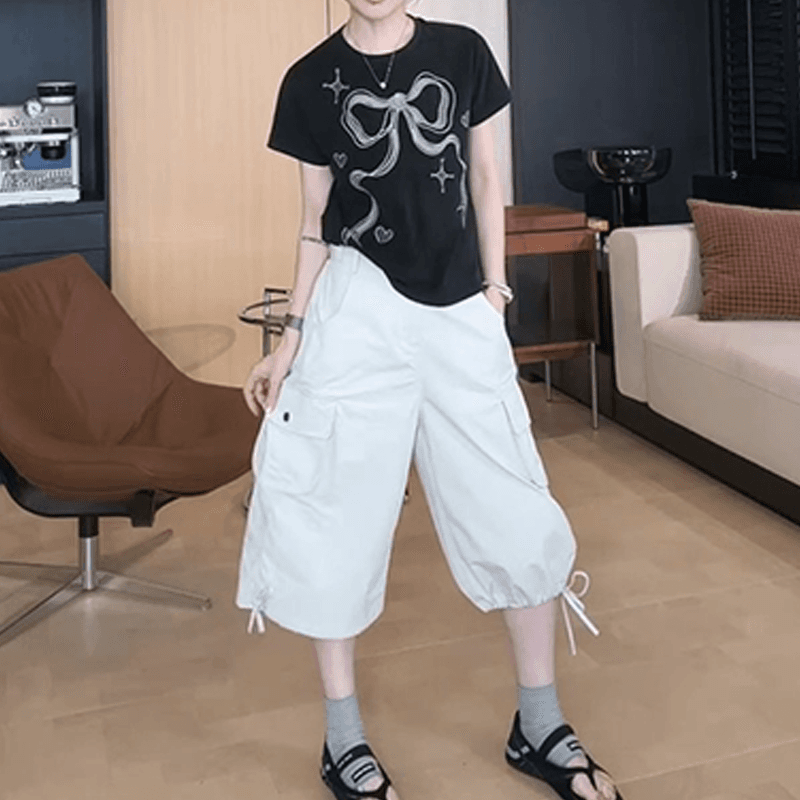 여름 새로운 패션 세트 작은 대중 디자인 센스 나비 매듭 프린트 맨위 다용도 캐주얼 바지 두 조각 여성 세트 이미지 3