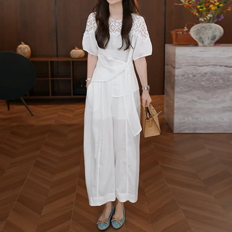 레트로 스타일 라운드 넥 맨위 하이웨이스트 와이드 레그 팬츠 세트 여성 2026 새로운 슬림해 보이는 다용도 일상 품격 투피스 세트 이미지 5
