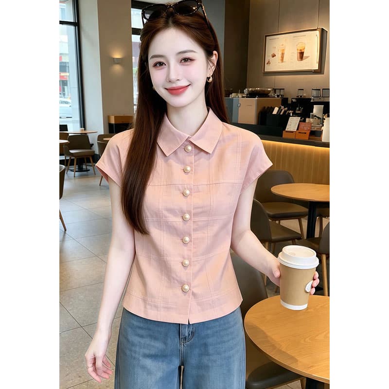 향기로운 듀오 빛 럭셔리 바람 반팔 셔츠 여성 여름 드레스 진주 버클 슬림해 보이는 출퇴근 맨위 고급 센스 상세 이미지 4