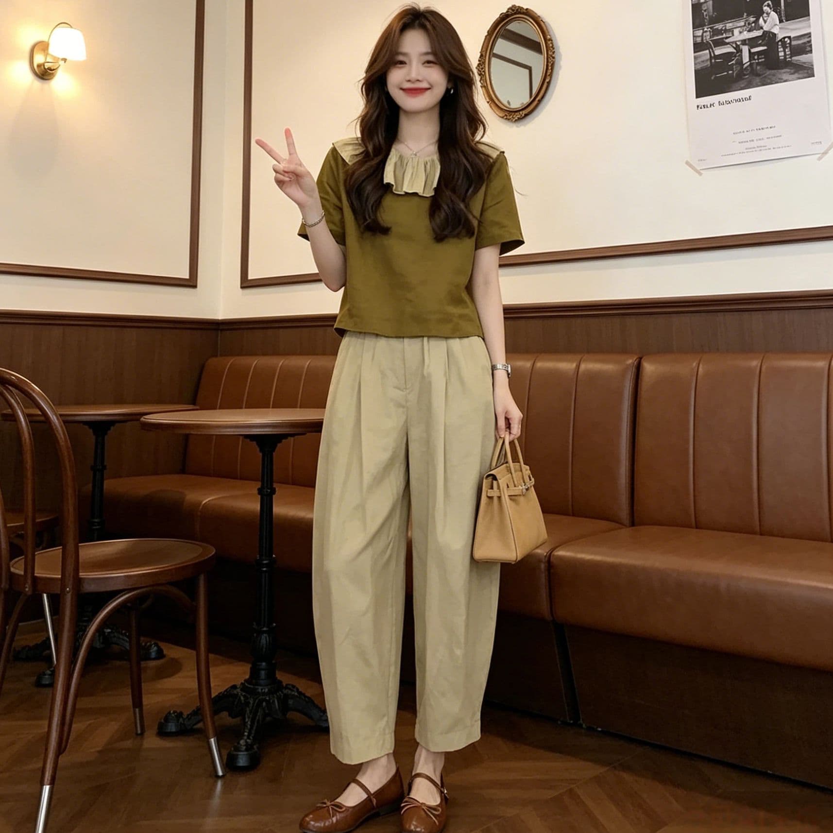한국 스타일 패션 패치워크 색상 프릴 베이비 칼라 맨위 2026 여름 새로운 슬림해 보이는 하이웨이스트 와이드 레그 팬츠 투피스 세트 상세 이미지 5
