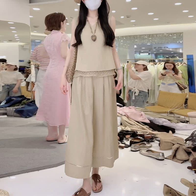 향기로운 듀오 오래된 돈 바람 디자인 센스 2026 여름 새로운 레이스 조각 맨위 바지 투피스 세트 상세 이미지 2