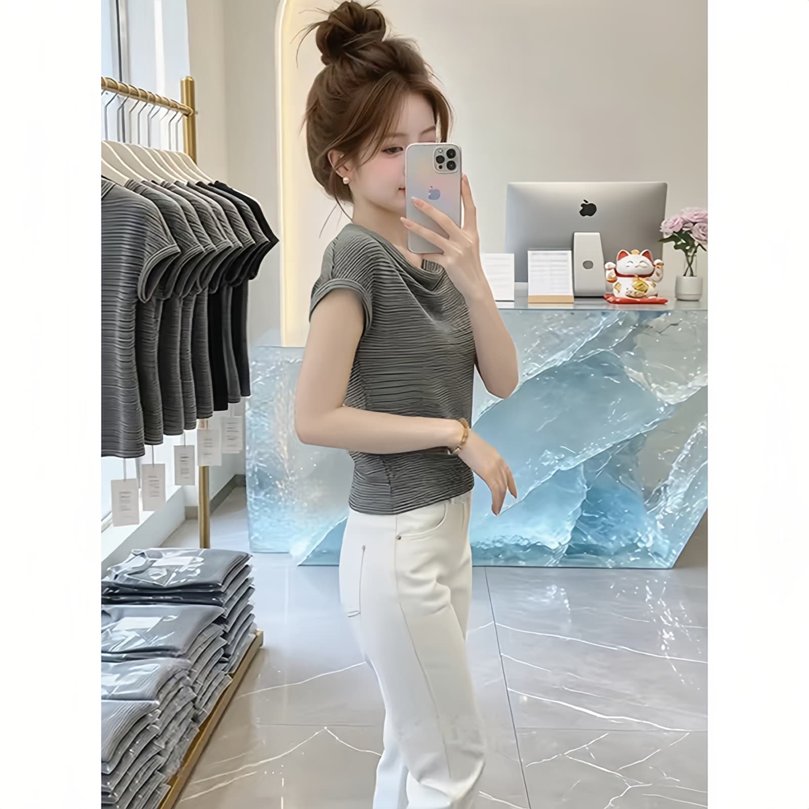 배색 트렌드 스트라이프 긍정적 인 어깨 반팔 티셔츠 여성 여름 2026 새로운 디자인 센스 패치워크 슈퍼 화재 연령 감소 맨위 이미지 4