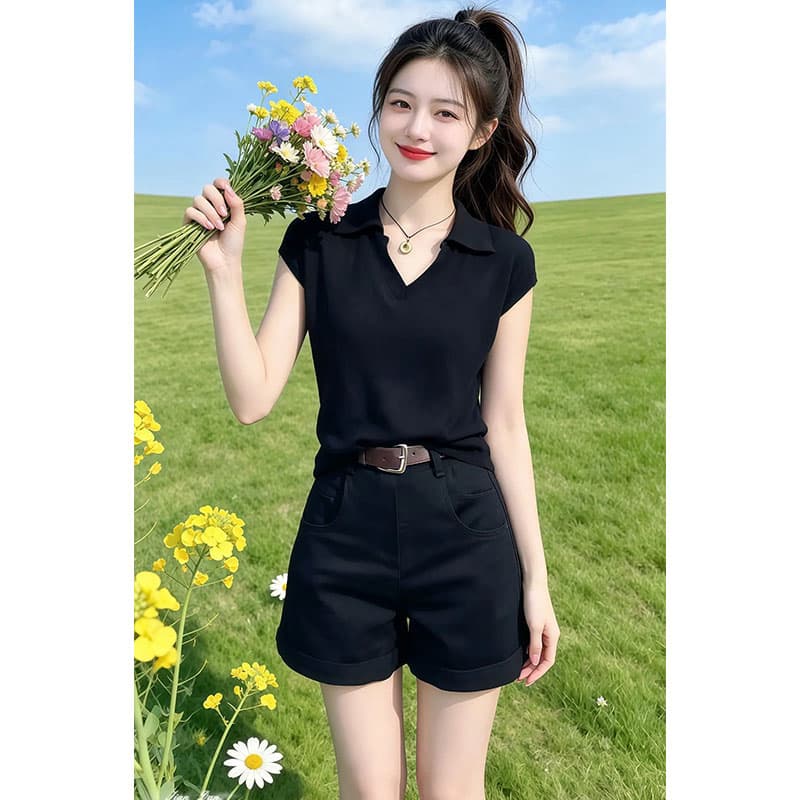 향기로운 듀오 느긋한 바람 품격 반팔 니트 스웨터 2026 여름 새로운 여성 의류 반바지 패션 세트 상세 이미지 6