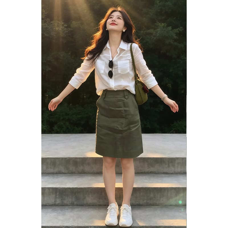향기로운 듀오 2026 여름 올해 인기 한 부서 착용 가져 가라. 전체 집합 자외선 차단 셔츠 워크웨어 미니 스커트 세트 여성 상세 이미지 2