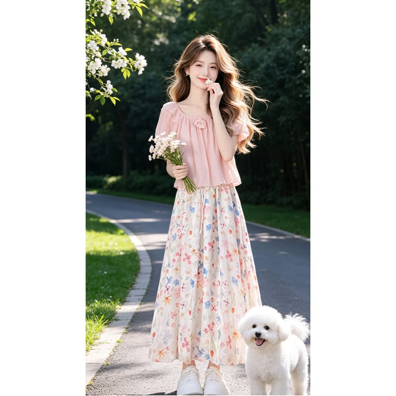 일상 다용도 부드러운 세트 프릴 광장 칼라 인형 셔츠 펌프 로프 꽃무늬 반신 스커트 2026 여름 투피스 세트