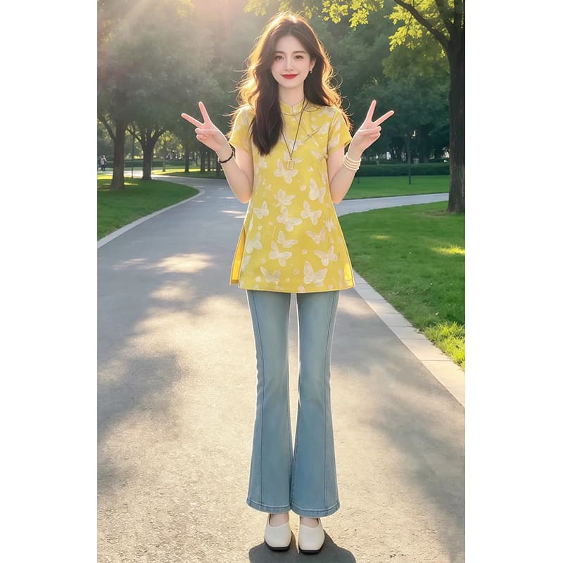 향기로운 듀오 새로운 중식 국풍 비스듬한 襟 단추 여성 셔츠 2026 여름 새로운 중간 길이 반팔 맨위 트렌드 이미지 4