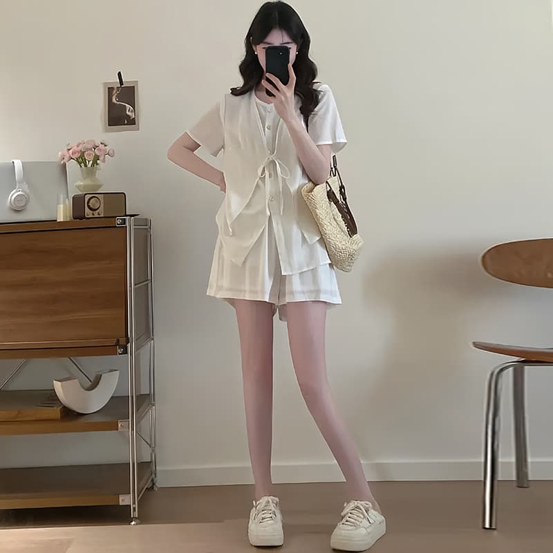 페이크 레이어드 레이스업 허리 수축 반팔 맨위 하이웨이스트 넓은 다리가 짧다. 바지 두 조각 여성 세트 2026 새로운 세트 상세 이미지 6