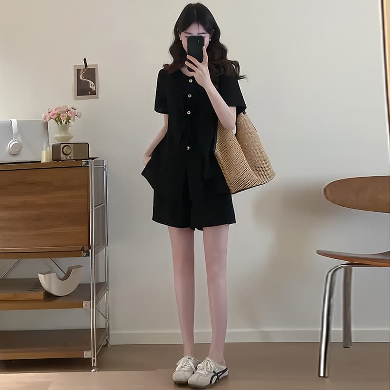 페이크 레이어드 레이스업 허리 수축 반팔 맨위 하이웨이스트 넓은 다리가 짧다. 바지 두 조각 여성 세트 2026 새로운 세트 상세 이미지 2