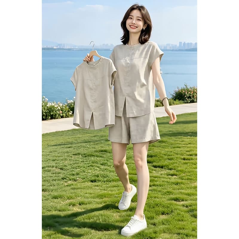 단색 라운드 넥 트임 밑단 맨위 반바지 2026 여름 새로운 패션 트렌드 인터넷 유명인 인기 세트 상세 이미지 5