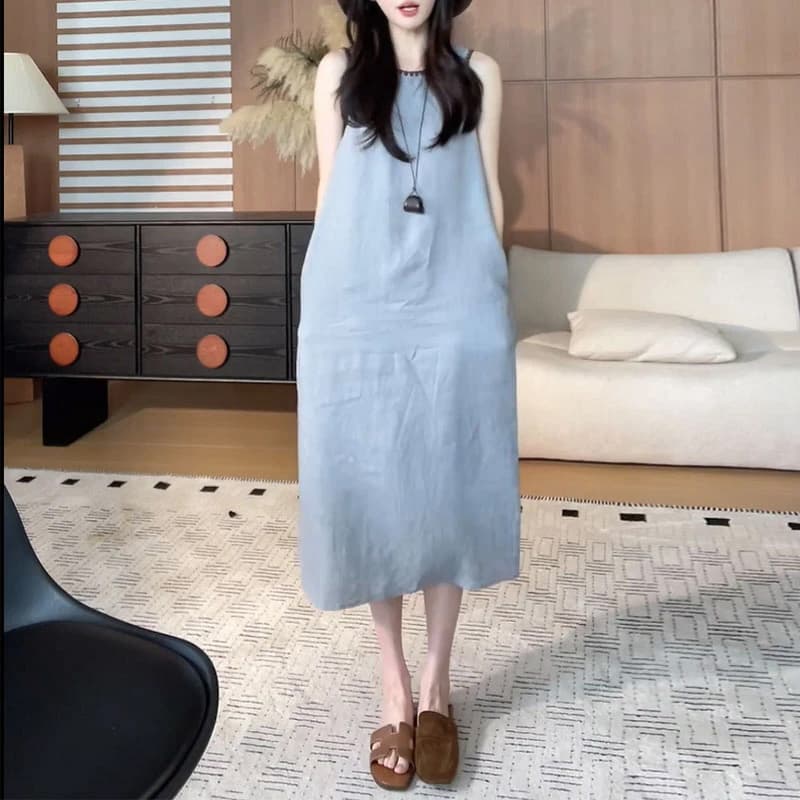 레트로 루즈핏 민소매 테두리 디자인 센스 여성 드레스 2026 여름 새로운 트렌드 작은 대중 인터넷 유명인 치마 상세 이미지 5
