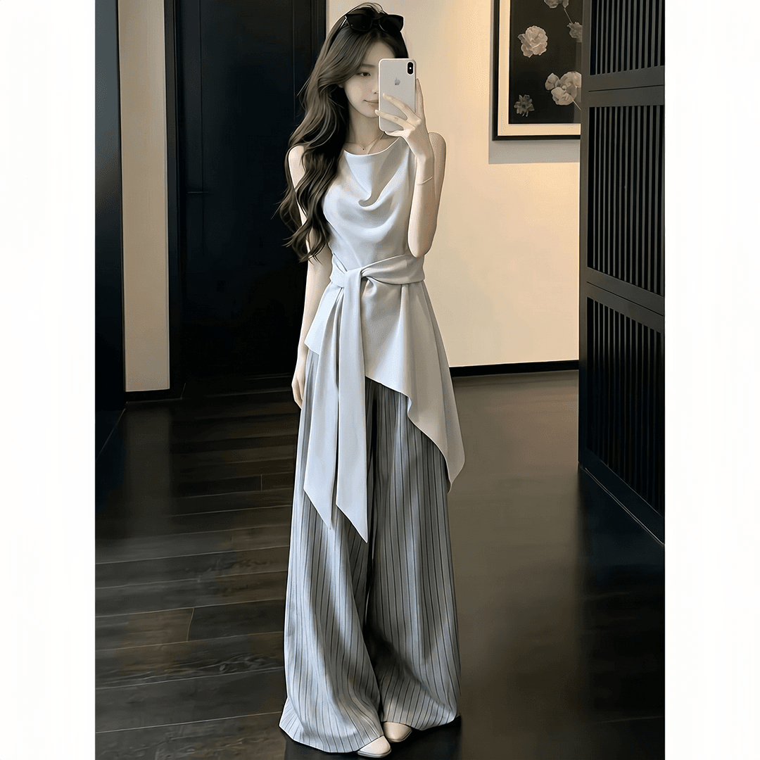 2026 여름 새로운 흔들다 칼라 민소매 맨위 세로 줄무늬 와이드 레그 팬츠 두 조각 여성 세트 품격 출퇴근 세트 패션 이미지 2