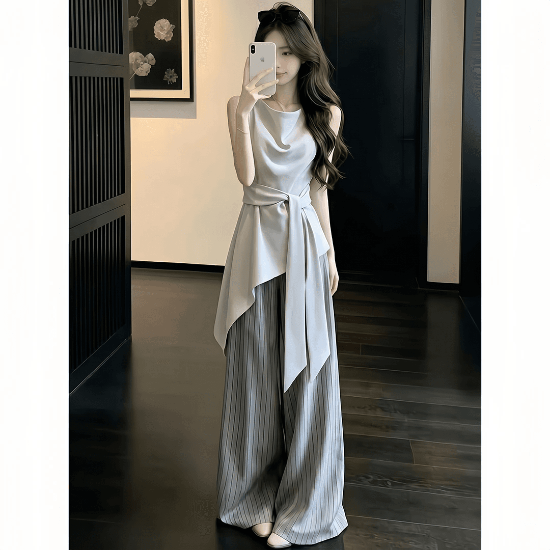 2026 여름 새로운 흔들다 칼라 민소매 맨위 세로 줄무늬 와이드 레그 팬츠 두 조각 여성 세트 품격 출퇴근 세트 패션 상세 이미지 5
